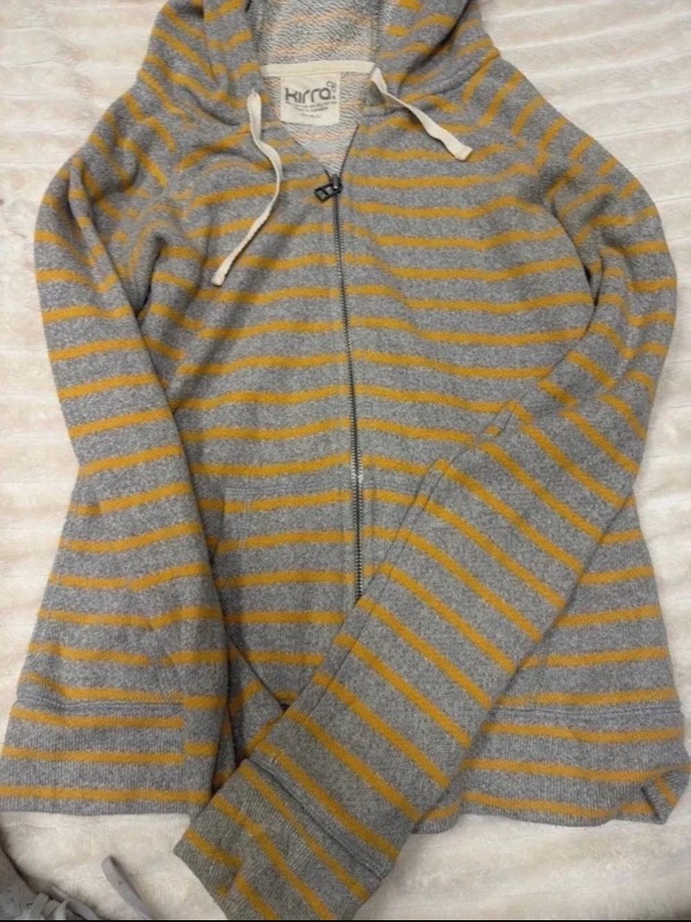 Kirra Gray Hooded Zip Sweater with Mustard Stripes
